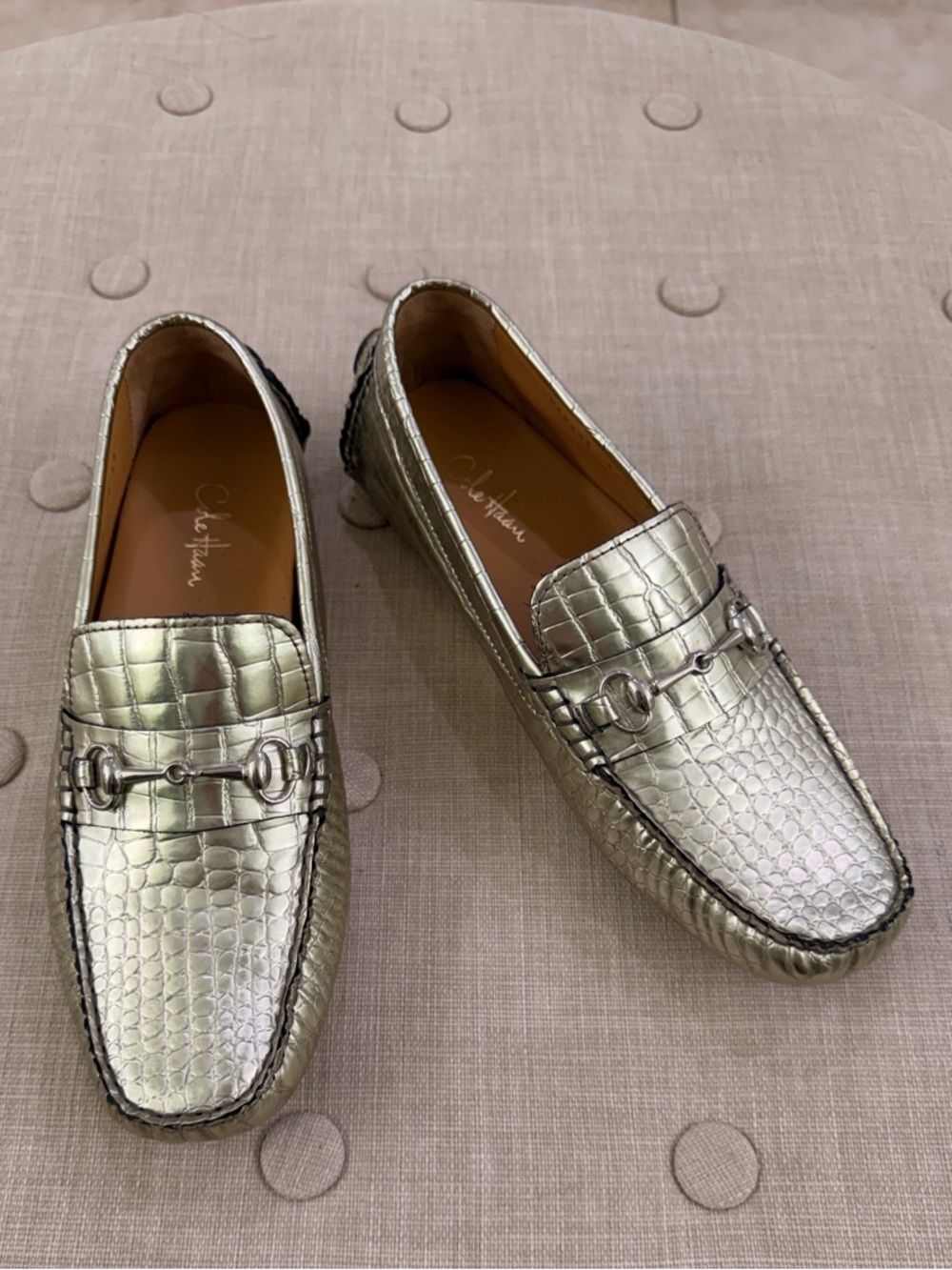 Cole Haan Metallic Gold Croc-Embossed Bit Loafers